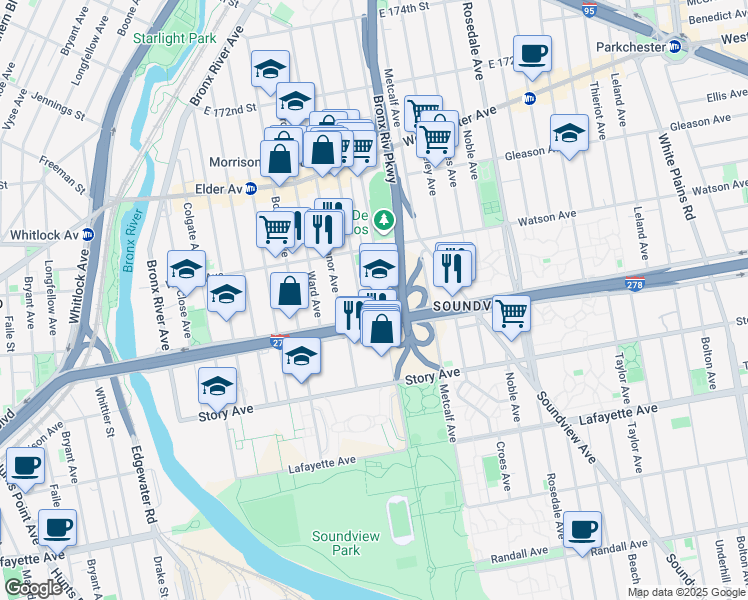map of restaurants, bars, coffee shops, grocery stores, and more near 1025 Morrison Avenue in The Bronx