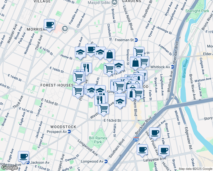 map of restaurants, bars, coffee shops, grocery stores, and more near 1049 Kelly Street in Bronx