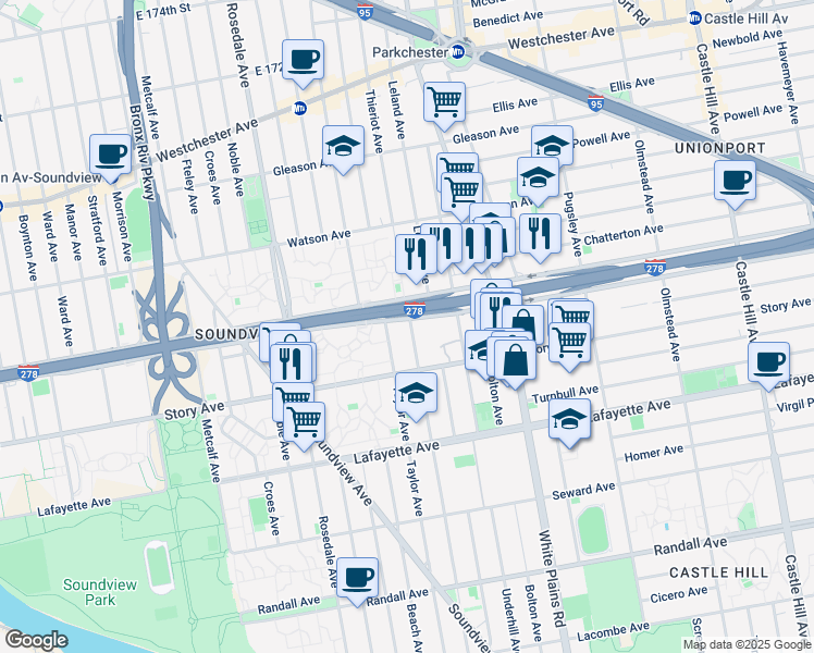 map of restaurants, bars, coffee shops, grocery stores, and more near 1846 Bruckner Boulevard in The Bronx