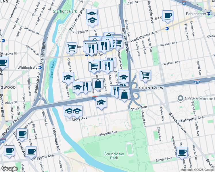 map of restaurants, bars, coffee shops, grocery stores, and more near 1048 Ward Avenue in Bronx