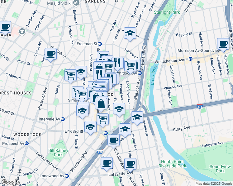 map of restaurants, bars, coffee shops, grocery stores, and more near 1122 Westchester Avenue in The Bronx