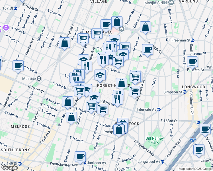 map of restaurants, bars, coffee shops, grocery stores, and more near 677 East 165th Street in The Bronx