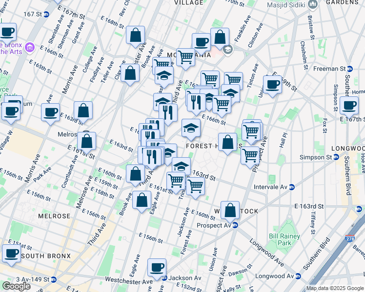 map of restaurants, bars, coffee shops, grocery stores, and more near 590 East 165th Street in Bronx