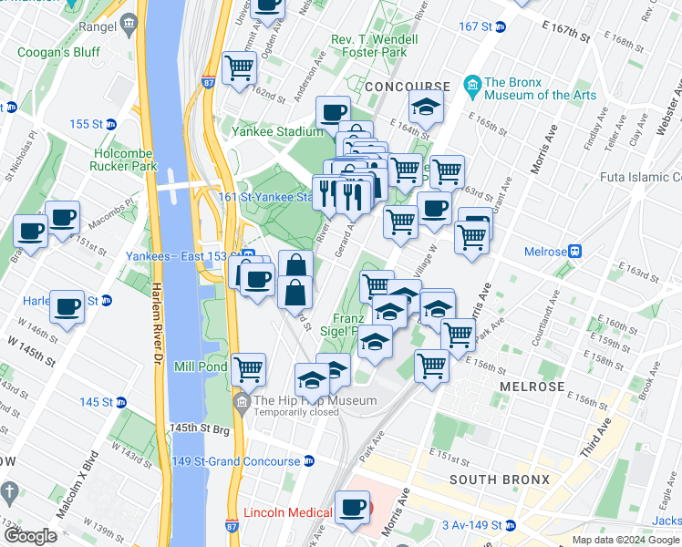 map of restaurants, bars, coffee shops, grocery stores, and more near 129 East 157th Street in The Bronx