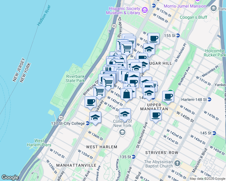 map of restaurants, bars, coffee shops, grocery stores, and more near 557 West 144th Street in New York