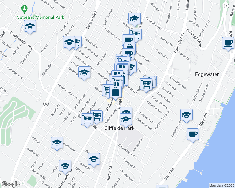 map of restaurants, bars, coffee shops, grocery stores, and more near 620 Anderson Avenue in Cliffside Park
