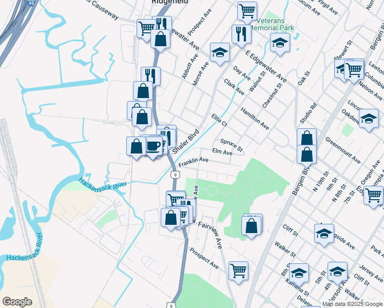 map of restaurants, bars, coffee shops, grocery stores, and more near 43 Elm Avenue in Fairview