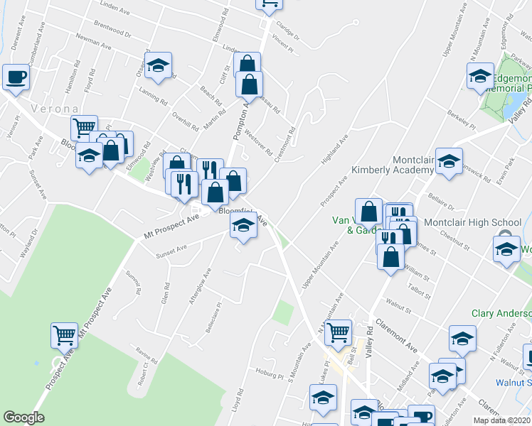 map of restaurants, bars, coffee shops, grocery stores, and more near 415 Claremont Avenue in Montclair