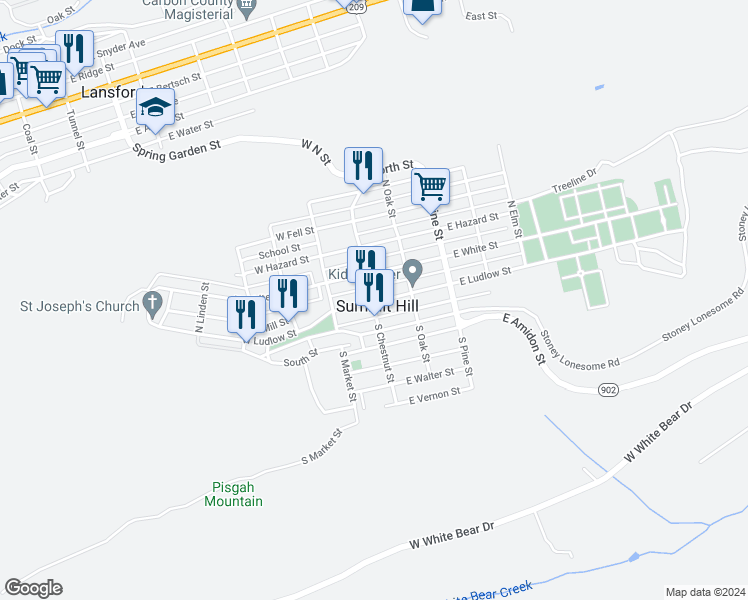 map of restaurants, bars, coffee shops, grocery stores, and more near in Summit Hill