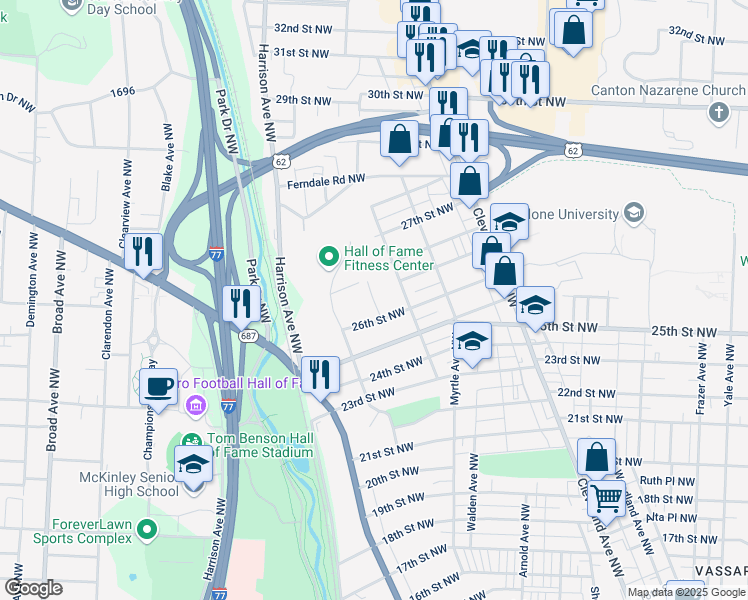 map of restaurants, bars, coffee shops, grocery stores, and more near 2642 Caprice Avenue Northwest in Canton
