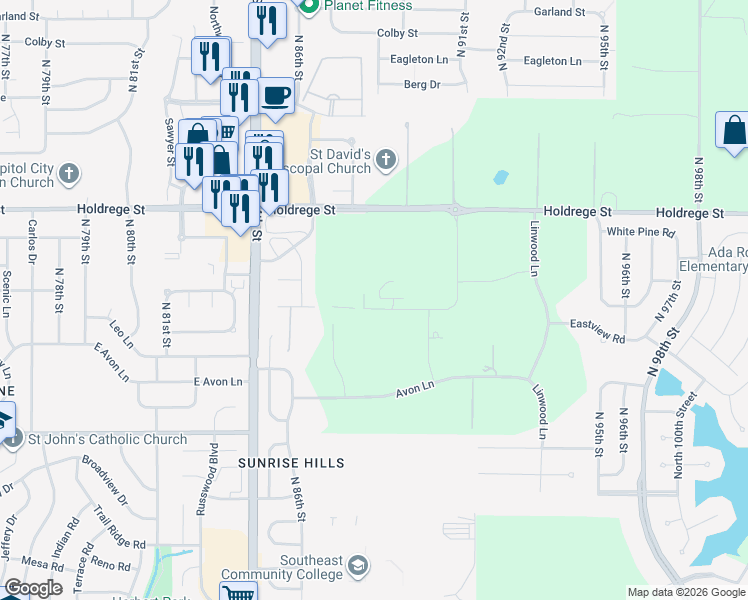 map of restaurants, bars, coffee shops, grocery stores, and more near 8601 Holdrege Street in Lincoln