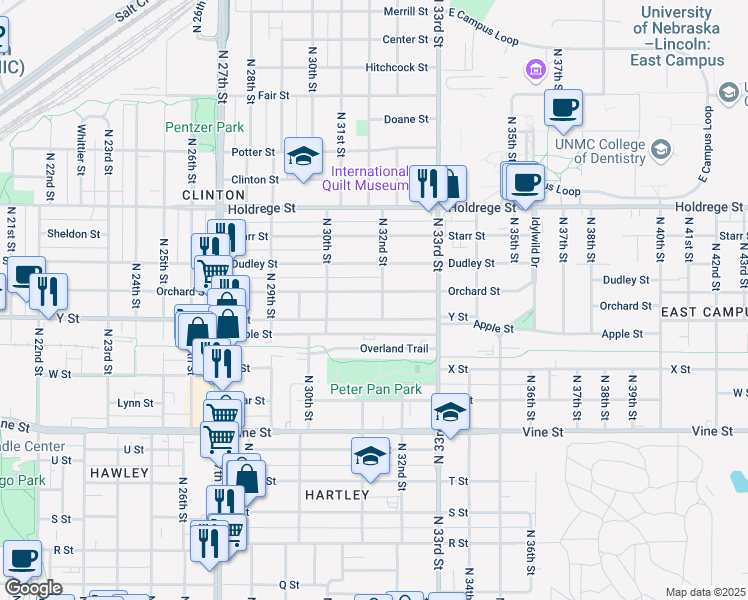map of restaurants, bars, coffee shops, grocery stores, and more near 3200 Orchard Street in Lincoln