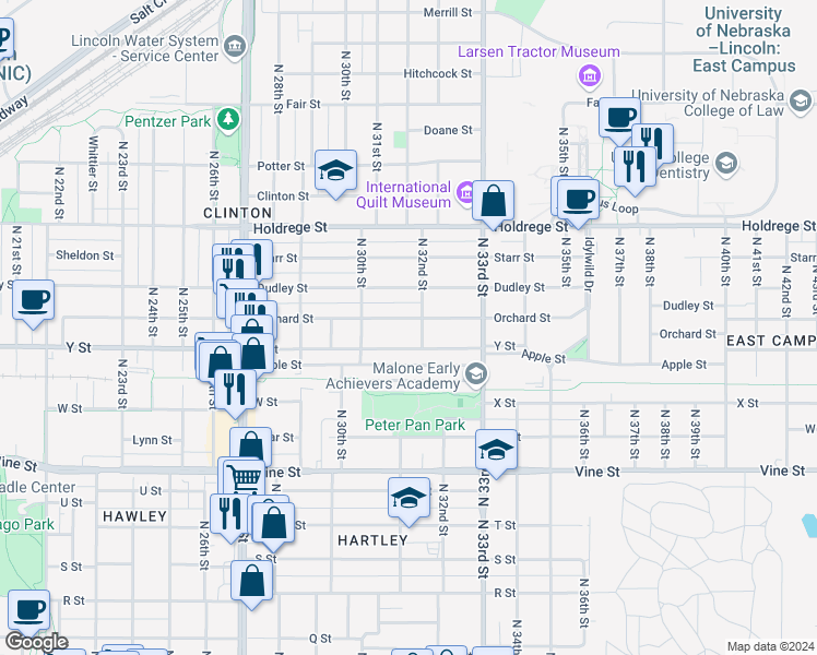 map of restaurants, bars, coffee shops, grocery stores, and more near 3046 Orchard Street in Lincoln