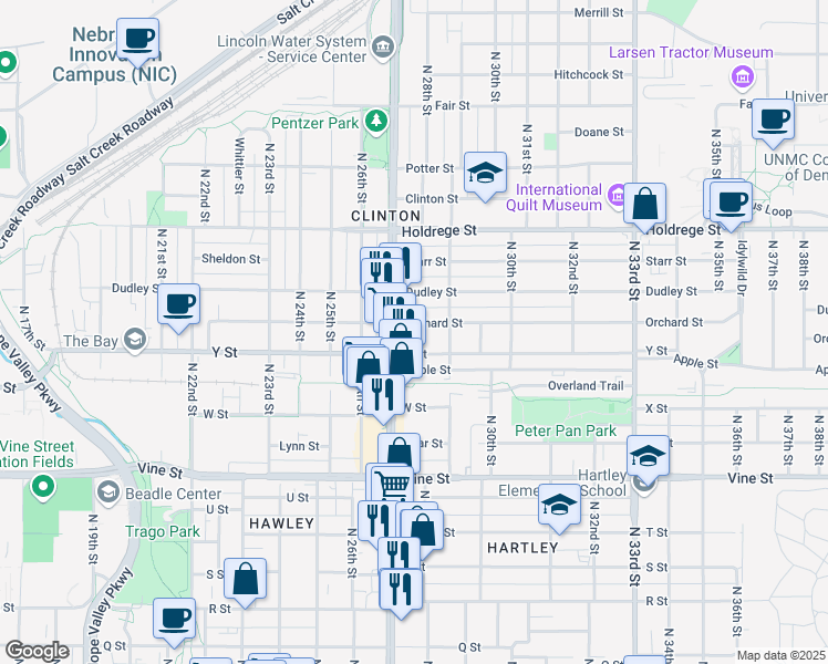 map of restaurants, bars, coffee shops, grocery stores, and more near 2808 Orchard Street in Lincoln