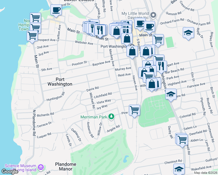 map of restaurants, bars, coffee shops, grocery stores, and more near 21 Davis Road in Port Washington