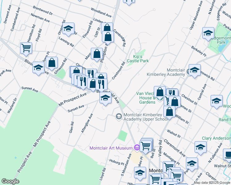 map of restaurants, bars, coffee shops, grocery stores, and more near 415 Claremont Avenue in Montclair