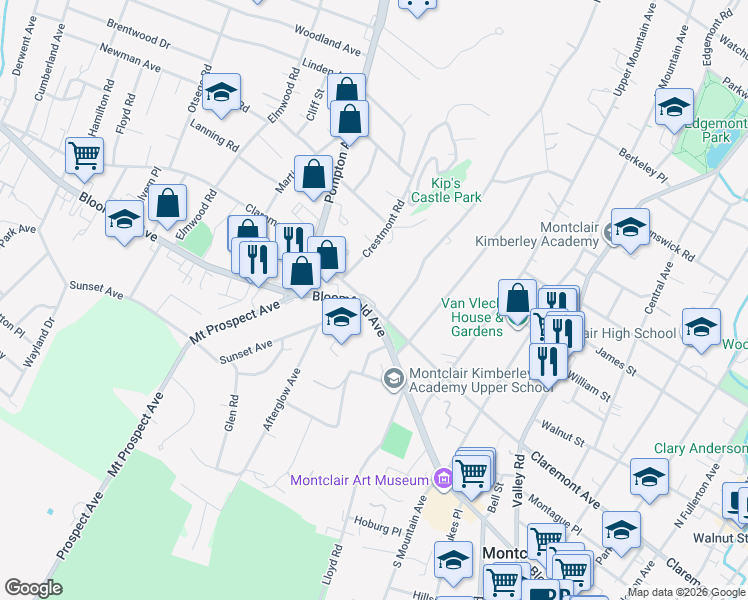 map of restaurants, bars, coffee shops, grocery stores, and more near 415 Claremont Avenue in Montclair