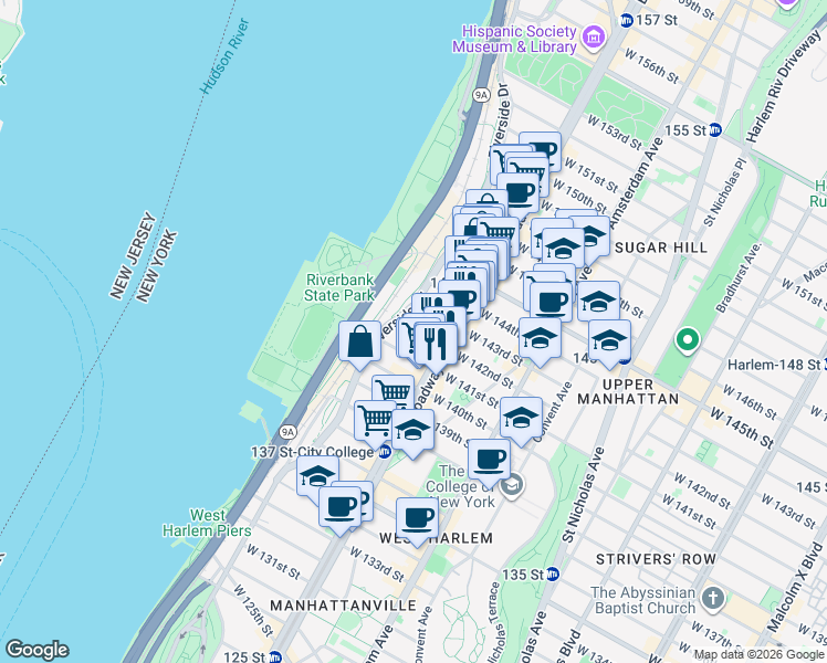 map of restaurants, bars, coffee shops, grocery stores, and more near 620 West 142nd Street in New York