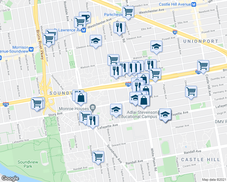 map of restaurants, bars, coffee shops, grocery stores, and more near 1846 Bruckner Boulevard in The Bronx
