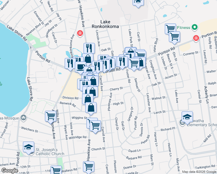 map of restaurants, bars, coffee shops, grocery stores, and more near 11 Cherry Street in Lake Ronkonkoma