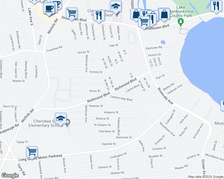 map of restaurants, bars, coffee shops, grocery stores, and more near 295 Richmond Boulevard in Lake Ronkonkoma