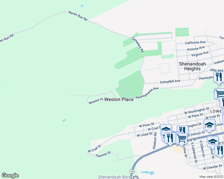 map of restaurants, bars, coffee shops, grocery stores, and more near 185 Weston Place in Shenandoah