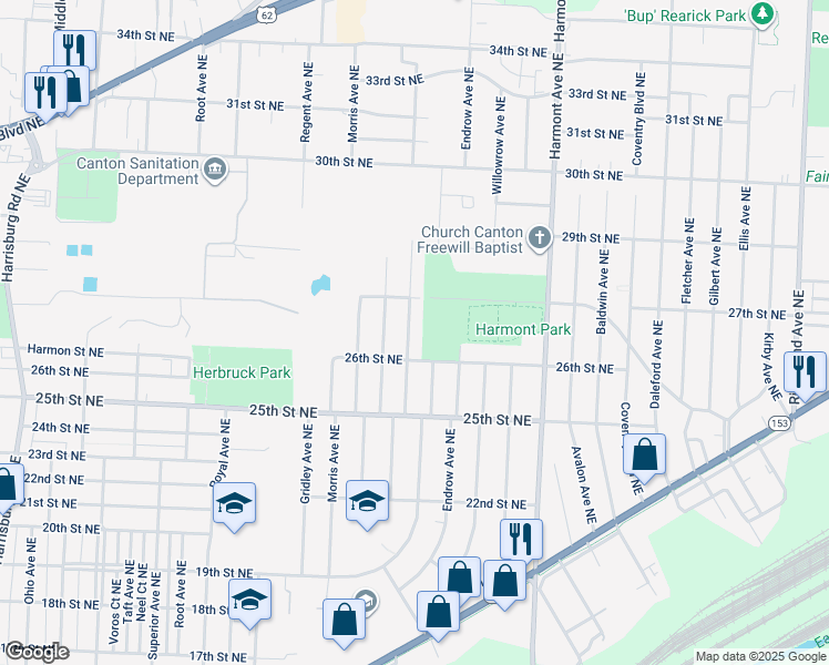 map of restaurants, bars, coffee shops, grocery stores, and more near 2626 Dorothy Avenue Northeast in Canton