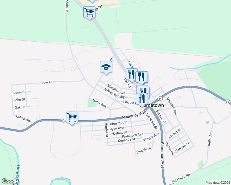 map of restaurants, bars, coffee shops, grocery stores, and more near 34 Meadow Avenue in Tamaqua