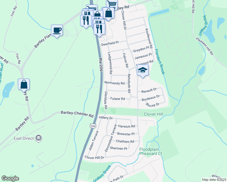 map of restaurants, bars, coffee shops, grocery stores, and more near 12 Normandy Road in Mount Olive