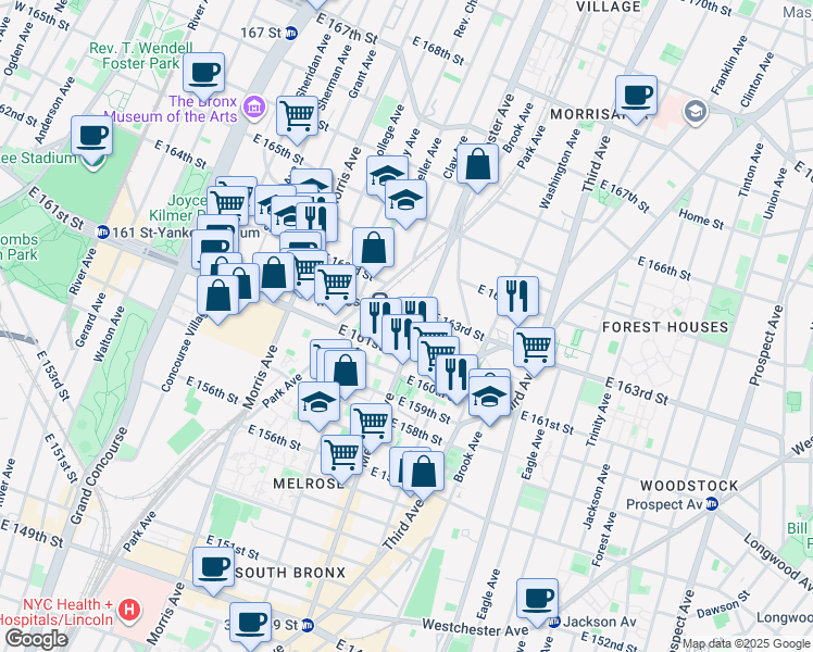 map of restaurants, bars, coffee shops, grocery stores, and more near in The Bronx