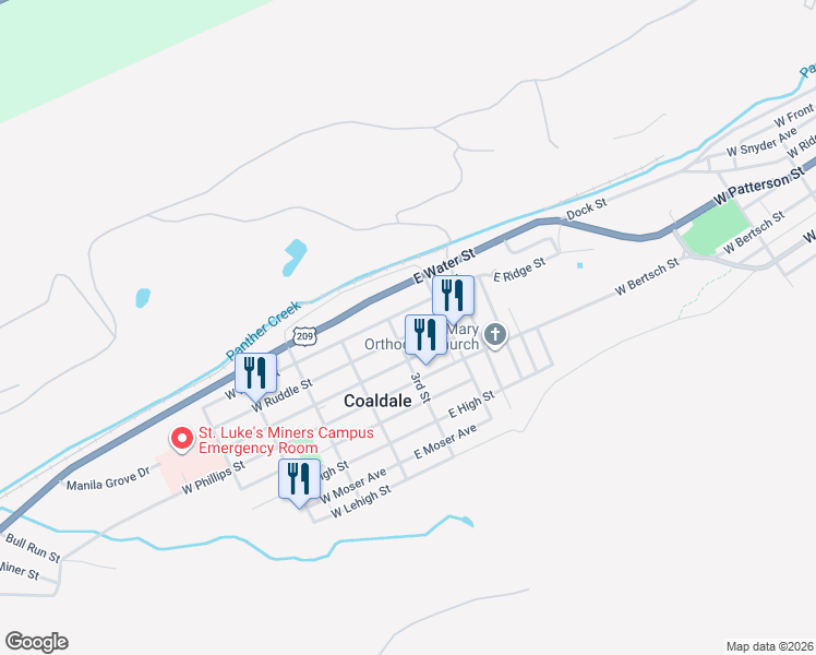 map of restaurants, bars, coffee shops, grocery stores, and more near 111 East Ridge Street in Coaldale