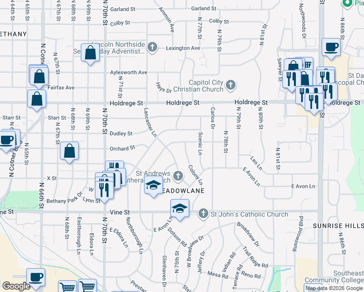 map of restaurants, bars, coffee shops, grocery stores, and more near 1409 West Avon Lane in Lincoln