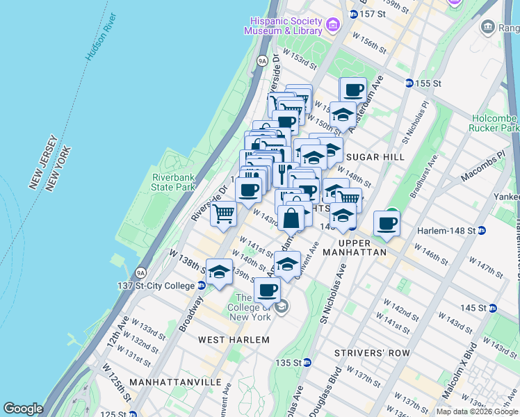 map of restaurants, bars, coffee shops, grocery stores, and more near 531 West 143rd Street in New York