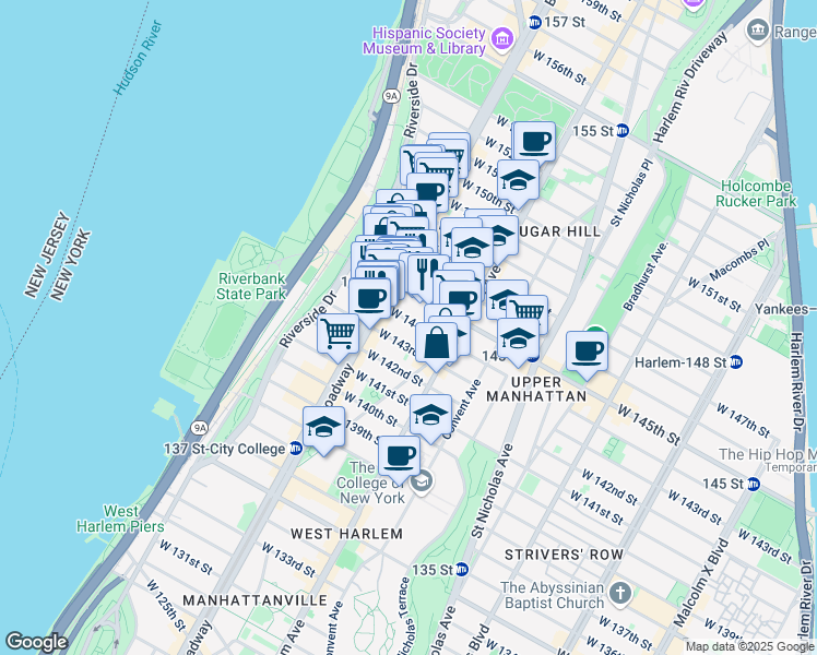 map of restaurants, bars, coffee shops, grocery stores, and more near 540 West 144th Street in New York