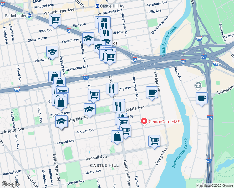map of restaurants, bars, coffee shops, grocery stores, and more near 860 Castle Hill Avenue in The Bronx