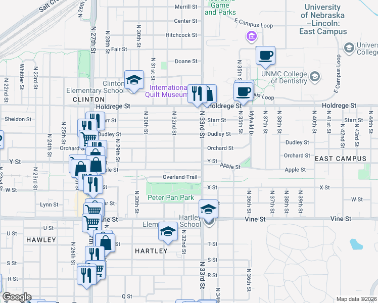 map of restaurants, bars, coffee shops, grocery stores, and more near 3268 Orchard Street in Lincoln