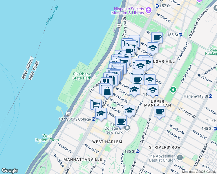 map of restaurants, bars, coffee shops, grocery stores, and more near 3495 Broadway in New York