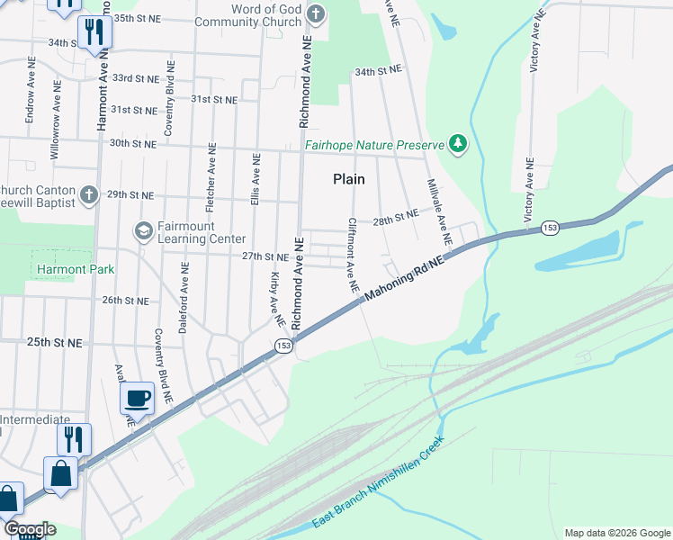 map of restaurants, bars, coffee shops, grocery stores, and more near 4123 27th Terrace Northeast in Canton