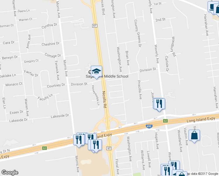 map of restaurants, bars, coffee shops, grocery stores, and more near 16 Hempstead Street in Holtsville