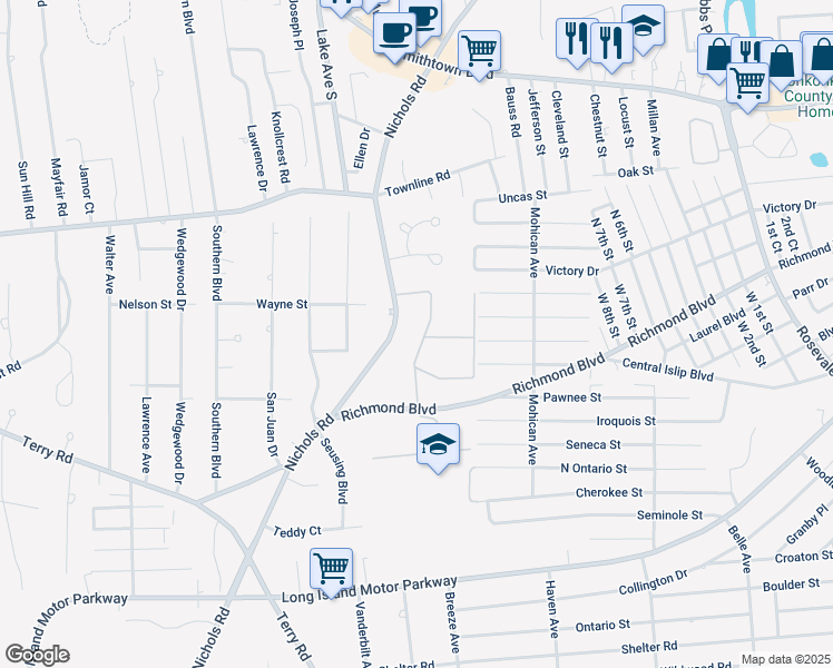 map of restaurants, bars, coffee shops, grocery stores, and more near 81 Richmond Boulevard in Ronkonkoma
