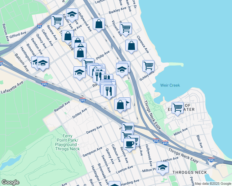 map of restaurants, bars, coffee shops, grocery stores, and more near 620 Edison Avenue in Bronx