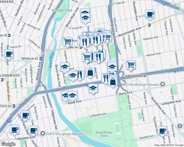 map of restaurants, bars, coffee shops, grocery stores, and more near 1048 Ward Avenue in Bronx