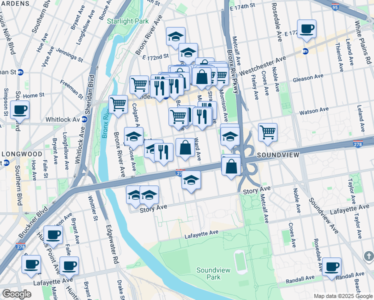 map of restaurants, bars, coffee shops, grocery stores, and more near 1050 Elder Avenue in Bronx