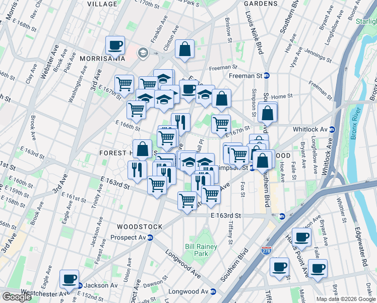 map of restaurants, bars, coffee shops, grocery stores, and more near 1136 Prospect Avenue in The Bronx