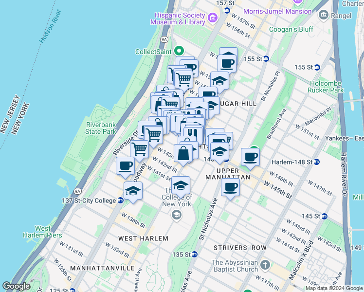 map of restaurants, bars, coffee shops, grocery stores, and more near 517 West 144th Street in New York
