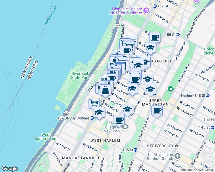 map of restaurants, bars, coffee shops, grocery stores, and more near 3509 Broadway in New York