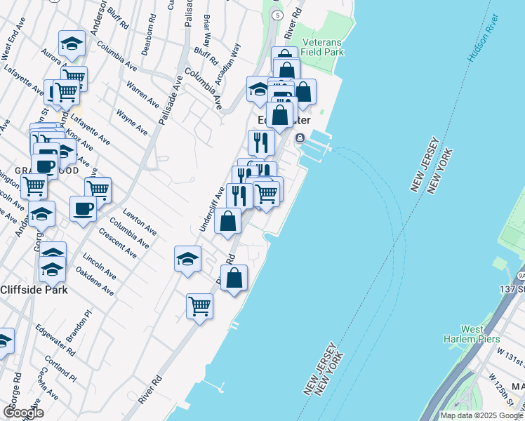 map of restaurants, bars, coffee shops, grocery stores, and more near 225 Edgewater Town Center in Edgewater