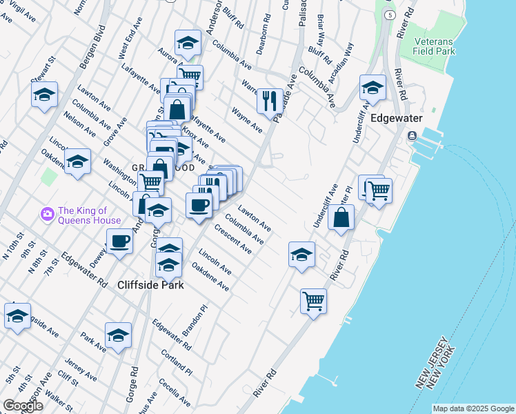 map of restaurants, bars, coffee shops, grocery stores, and more near in Cliffside Park