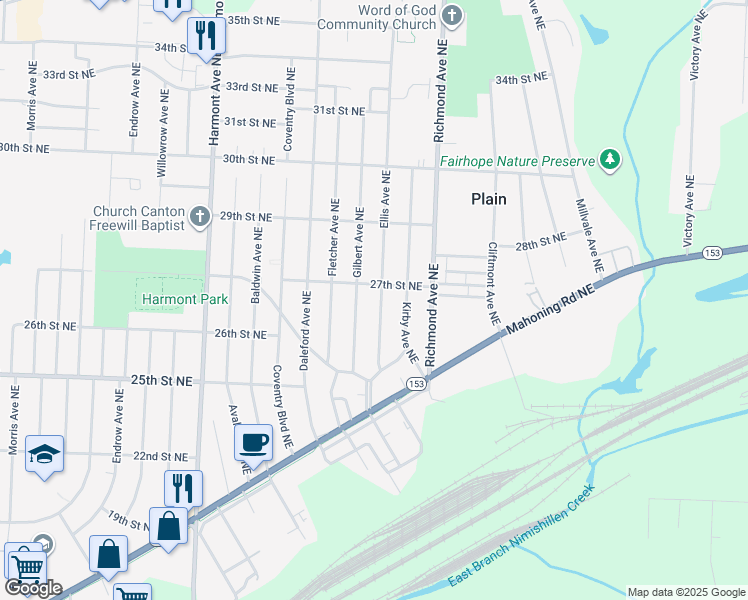 map of restaurants, bars, coffee shops, grocery stores, and more near 2658 Gilbert Avenue Northeast in Canton