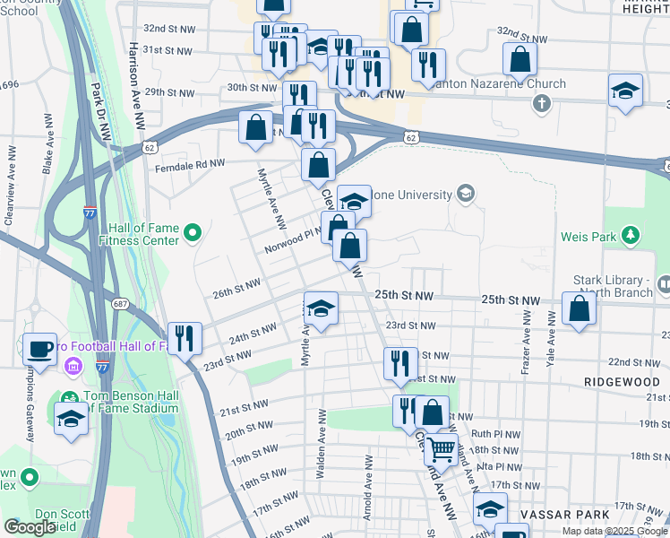 map of restaurants, bars, coffee shops, grocery stores, and more near 1320 26th Street Northwest in Canton